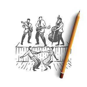 摇滚舞音乐派对复古概念 手绘孤立的矢量摇滚乐插图音乐乐趣岩石草图流行音乐男人艺术记录图片