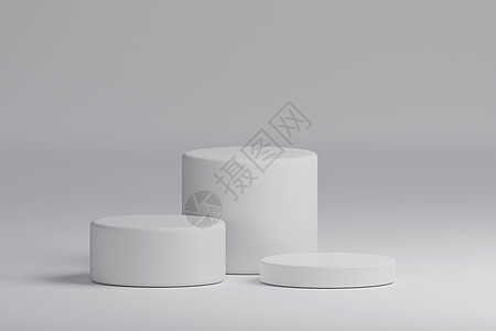 三个白色圆筒产品舞台讲台背景 最小的时尚主题 几何概念 展览和商业营销展示阶段 3D插画渲染平面设计图片
