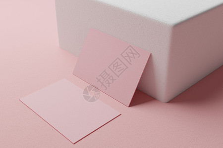 粉红色粉彩名片纸样机模板与空白空间封面 用于在纸板背景上插入公司徽标或个人身份 现代风格的文具概念 3D 插图渲染邮件商业地面床图片