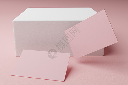粉红色粉彩名片纸样机模板与空白空间封面 用于在纸板背景上插入公司徽标或个人身份 现代风格的文具概念 3D 插图渲染邮件推广盒子打图片
