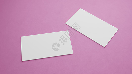 卡片样机白色名片样机堆叠在粉红色的表格背景上 品牌展示模板打印的对象背景概念 3 5 x 2 英寸纸张尺寸封面 3D插画渲染背景
