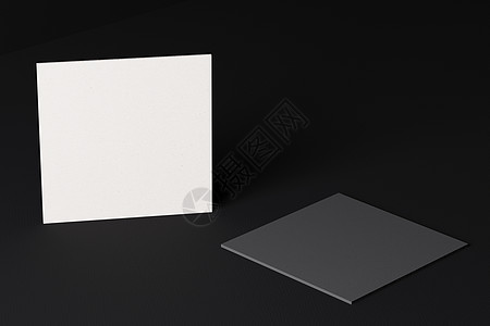 黑色现代织物表背景上的白色方形纸名片样机 品牌展示模板印刷图形设计 两张卡片模拟 3D插画渲染长方形桌子横幅商业正方形邮政办公室图片