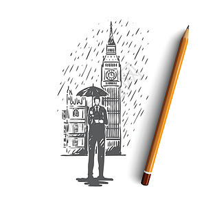 英国英格兰塔雨英国概念 手绘孤立的矢量旅行草图车轮建筑世界建筑学旗帜景观旅游吸引力图片