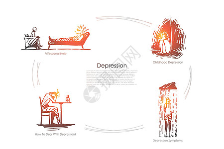 抑郁症专业帮助童年抑郁症抑郁症症状如何处理抑郁症向量概念 se插图医生压力交易草图酒精寂寞心理学孩子药品图片