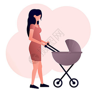 一位带着婴儿车的年轻母亲的矢量图像 和你的宝宝一起散步图片