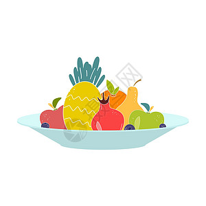 矢量平面插图 在白色背景的沙拉碗里放着鲜亮多汁的水果图片