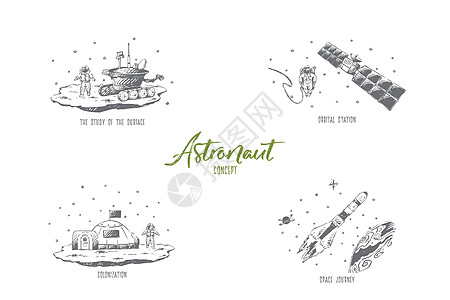 宇航员表面轨道站太空旅行殖民化矢量概念se研究地球星系勘探技术天文学冒险飞船草图火箭插图图片