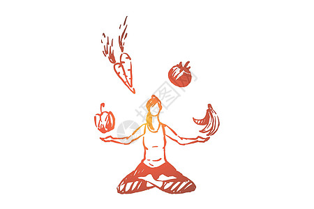 坐在莲花姿势的年轻女性冥想和健身有机水果和蔬菜健康的生活方式图片