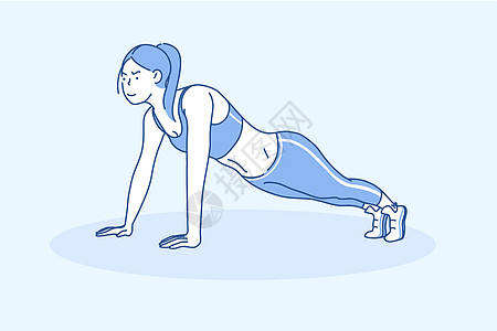 一个年轻漂亮的运动女人做平板支撑的运动概念 坚强的运动女孩在瑜伽 homeGym 上进行俯卧撑或健身练习 健康的生活方式保持健康图片