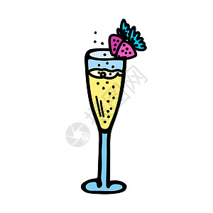 带有黄色香槟气泡和粉色草莓的蓝色酒杯的彩色矢量图图片