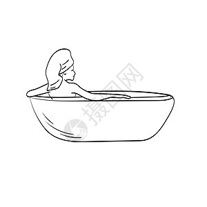 年轻女子洗澡插画矢量隔离在白色背景线条艺术图片