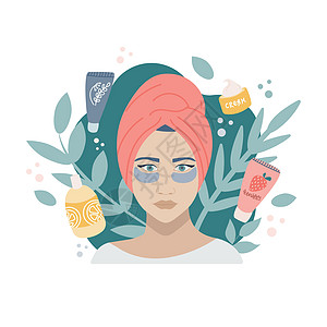 天然化妆品护理的概念 一个女孩头上戴着毛巾 眼睛下面贴着补丁 背景是一圈装有奶油凝胶洗发水的罐子 矢量图像图片