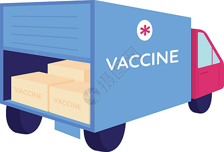 送货卡车中的疫苗包装平面颜色矢量对象图片