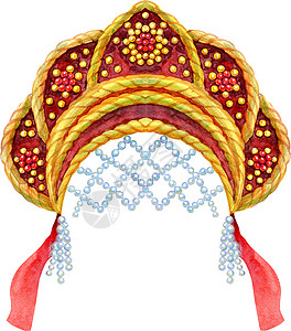 水彩插图俄罗斯民族头饰 kokoshnik 与金饰品和珠子图片