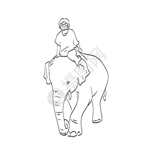 戴着医用面具的男孩骑在大象背上 插图矢量在白色背景线条艺术中被隔离图片