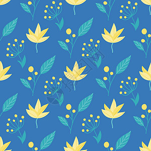 蓝色背景上可爱的黄绿色花卉 平万科矢量无缝花卉图案图片