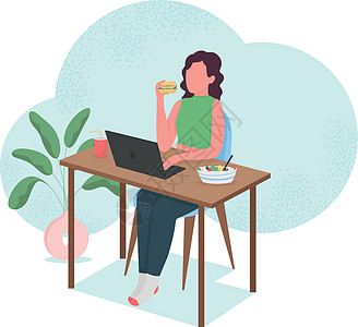 吃东西女人在电脑桌前吃东西的女人平面颜色矢量不露面的特征插图电脑桌子食物香椿活动网络互联网成人工人设计图片