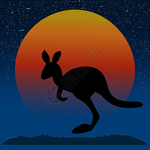 澳洲袋鼠在日落背景的袋鼠剪影 澳大利亚的日落 星空和小袋鼠形象设计图片