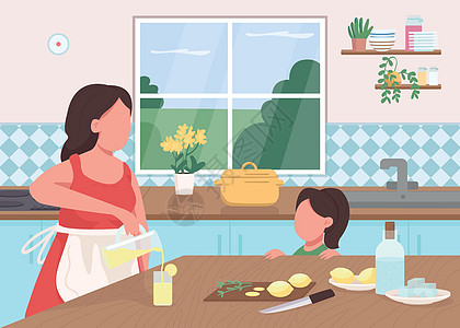 简单厨房在家里做柠檬水平面颜色矢量它制作图案插画