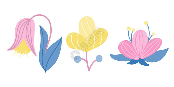 一套三朵粉红色和蓝色的花朵 白色背景上带有黄色 平面样式的矢量插图 装饰图标元素图片