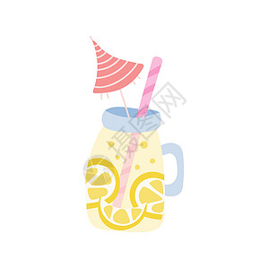 在一个罐子里的柠檬水 白色背景上有一根稻草和一把雨伞 矢量插画ico图片
