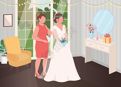 室内婚纱新娘准备与伴娘平面颜色矢量它制作图案插画