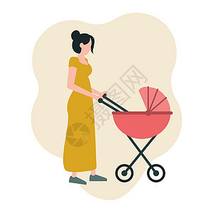 一位年轻的母亲推着婴儿车走路 在白色上隔离的平面样式中的矢量插图图片