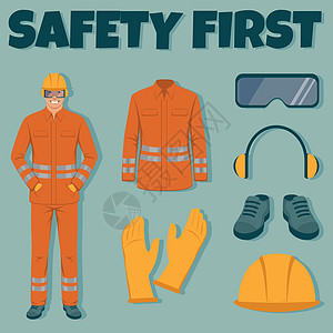 工作安全设备 工程师戴着头盔手套防护眼镜服装和靴子 矢量信息图表图片