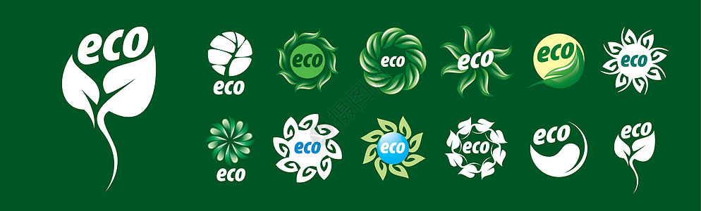 一组绿色背景上的矢量生态图标叶子植物品牌产品推广生长环境活力标签生活图片
