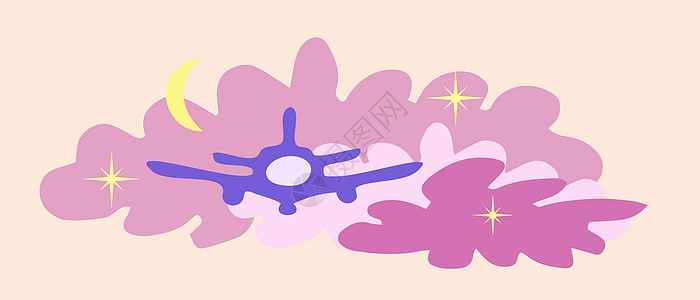 飞机在粉红色的云彩和黄色的星星和月亮中 矢量图图片