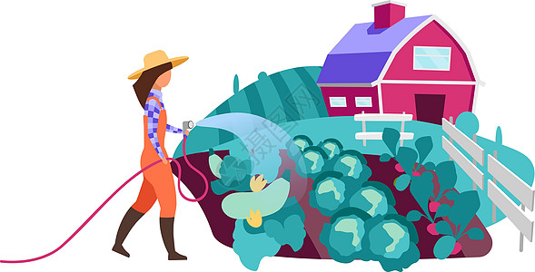 女农浇菜园平面矢量特征 带水管的农场工人 有机蔬菜作物栽培种植 农舍和田野卡通它制作图案图片