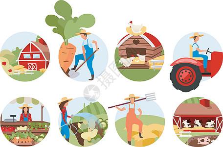 农业平面概念图标集 畜牧场 农业贴纸剪贴画包 农贸市场农产品 作物种植菜园 惠特上孤立的卡通插图图片