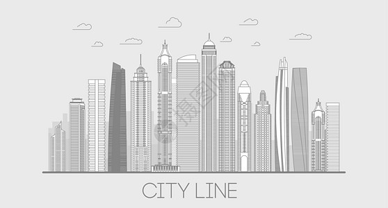 线建筑线图城市全景 城市景观线艺术建筑 天际线细线矢量图插画