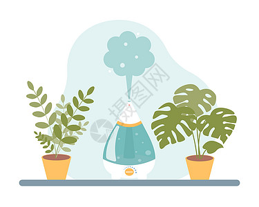 桌子上的加湿器与室内植物 白色背景上平面卡通风格的矢量插图图片