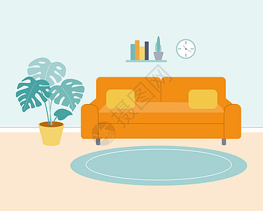 客厅配有橙色沙发和壁架 花盆中种着龟背竹书本 平面样式中的矢量简约插图图片