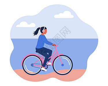 一个戴着耳机的女孩沿着海岸边的海滩骑着自行车 健康积极的生活方式的概念 平面样式中的矢量图像图片