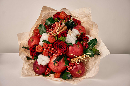 带红水果肉桂装饰品的花束有机蔬菜植物营养餐厅花园风格橙子市场丝带素食主义者图片