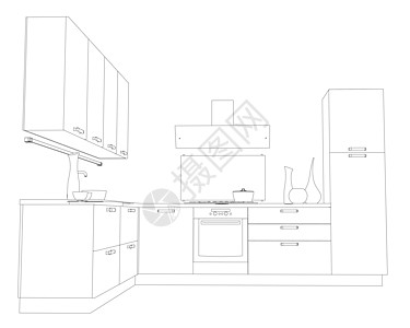 从白色背景上孤立的黑色线条看厨房的轮廓 透视图 它制作图案矢量场景烤箱卡通片地面蔬菜住宅烹饪家具中风公寓图片