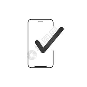 智能手机和复选标记矢量 iconline 轮廓艺术手机批准的勾号通知成功更新复选标记已接受对手机的完整操作眼睛或正面投票图片