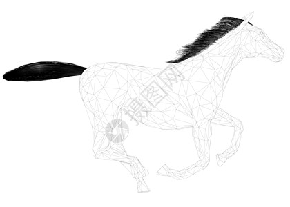 从孤立的白色背景上的黑色线条一匹奔腾的马的线框 侧面图  3D 它制作图案矢量图片