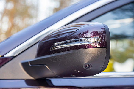一辆现代汽车的后侧镜像 上面装有一台地貌照相机 停车场助理和汽车辅助系统图片