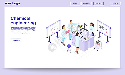 化学工程等距网页模板 生物化学研究人员在烧杯中进行测试 配备专业设备和数字板的科学实验室 制药公司网站图片