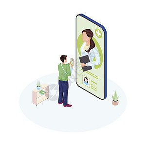 Ehealth 智能手机应用等距插图 男性患者与个人医疗专家卡通人物交流 在线咨询客户的医生 未来的医疗保健系统图片