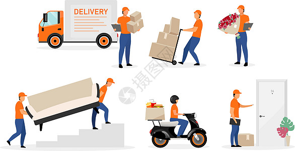 送货服务人员平面矢量插图集 快递员邮递员与卡通人物隔离在白色背景 滑板车送货上门概念图片