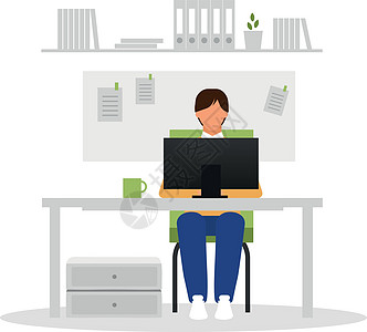 办公室工作人员与笔记本电脑平面矢量图 在办公桌前工作的人在白色背景上孤立了卡通人物 使用 PC 的经理设计师程序员 工作场所工作图片