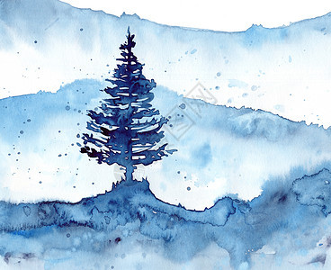 水彩冬季雪林和蓝色背景 印刷纹理壁纸或元素的手绘插图 孤立在白色背景上的美丽水彩木图片