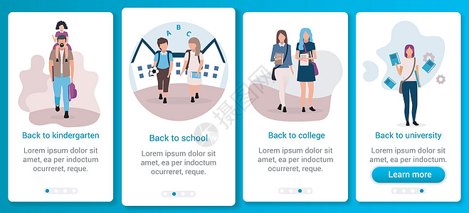 学生和学童入职移动应用程序屏幕模板 回到学校大学幼儿园大学 带有扁平字符的网站步骤  UXUIGUI 智能手机卡通界面图片