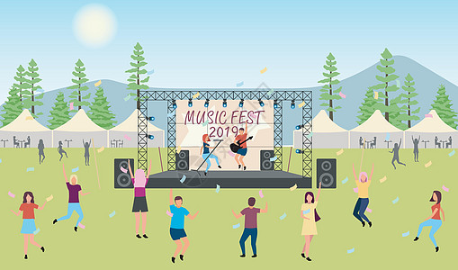 音乐节 2019 平面矢量插图 露天现场表演  Rockpop 音乐家音乐会在 parkcamp 夏季有趣的户外活动 跳舞的卡通图片
