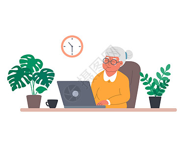 可爱快乐的奶奶带着笔记本电脑在家里与家人交流 观看视频 学习在线课程或购买 平面样式中的矢量插图图片