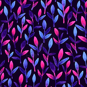 简单可爱的无缝花纹 粉蓝色和紫色的春叶手绘水彩 自然在深色背景上画叶 艺术明亮的背景墙纸 美丽的颜色刷子图片